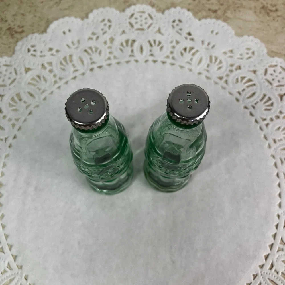 Coca-Cola Salt and Pepper Shakers Glass Bottle Set 4.5in Green New Old Stock